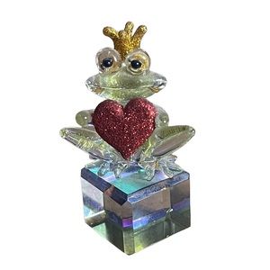 Frog Figurine Prince Crown Red Heart Glitter Green Clear Acrylic 2 1/2 Inches